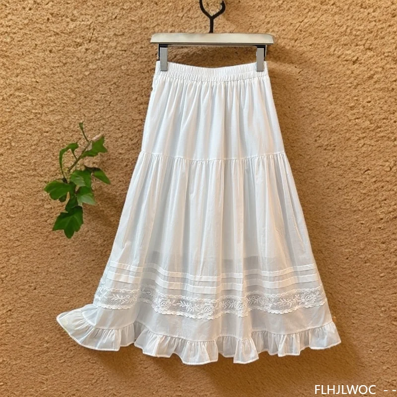 Hollow Out Lace Skirts New 2026 Spring Cute Girls Woman FLHJLWOC Y2K Chic Ruffles Layer Elastic Waist A Line White Long Skirts