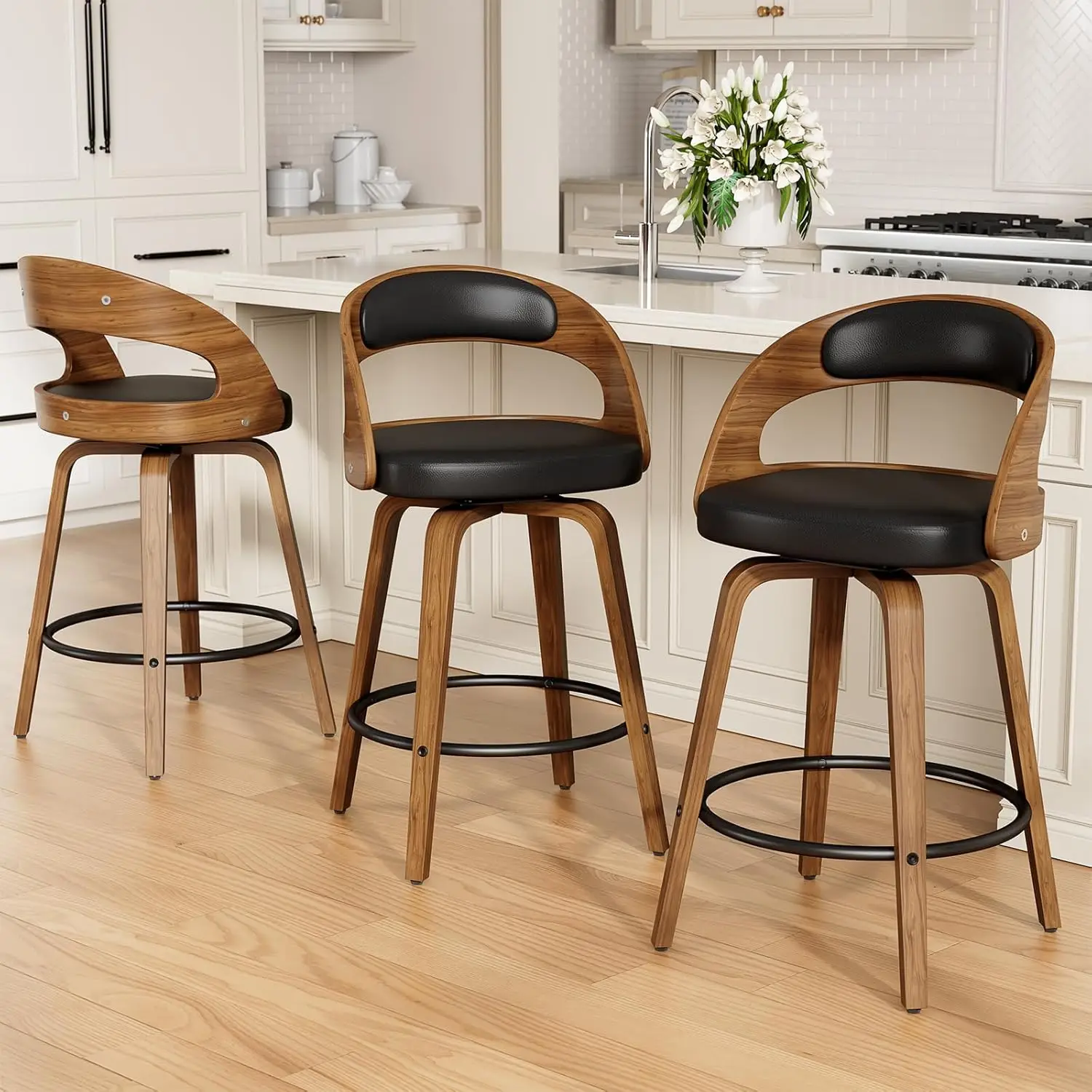 

26in Swivel Counter Stools 3pc Bentwood PU Leather w/ Backrest Footrest Kitchen Bar Cafe, Customized