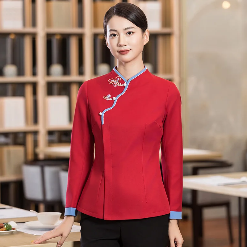 ร้านอาหาร Waiter Uniform โรงแรมบริการอาหารทําความสะอาด Overalls แขนยาวเบเกอรี่ทํางาน Breathable Fast Food Shop เสื้อ