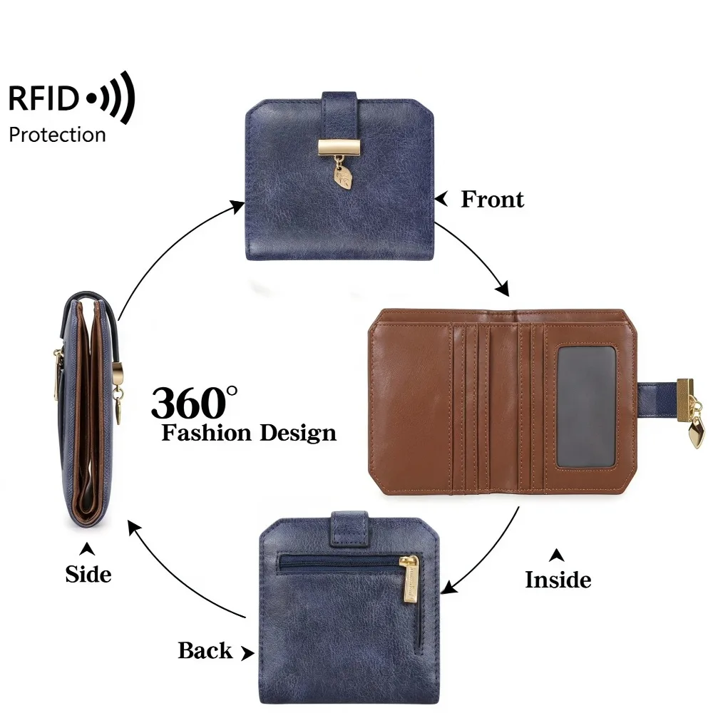 Pomelo Best RFID Blocking Vintage Navy Women Leather Wallet Leaf Pendant 6 Card Slots ID Window Coin Pocket Mini Bifold Purse