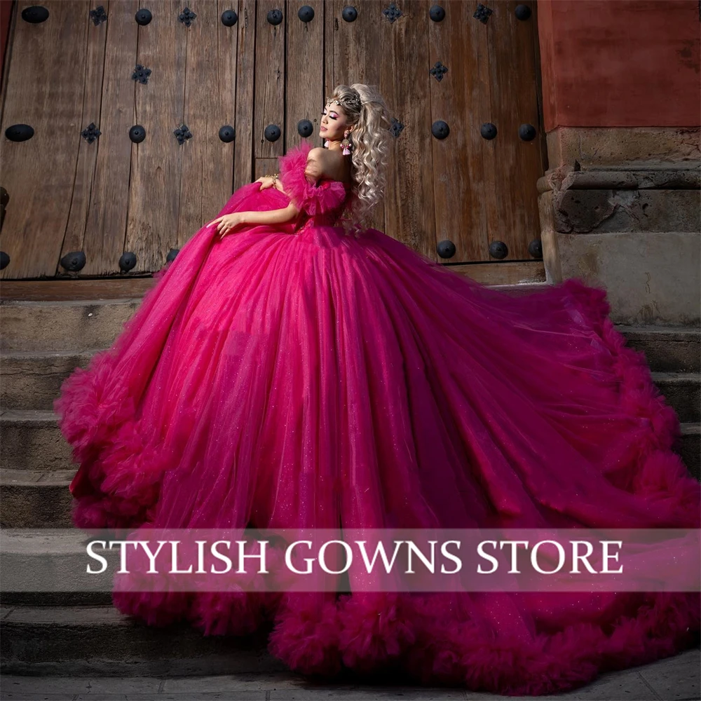 Fushia Off Shoulder Ballkleid Quince anera Kleider Perlen 2024 Geburtstag Luxus kleid abgestufte Rüschen Abschluss kleider 1516