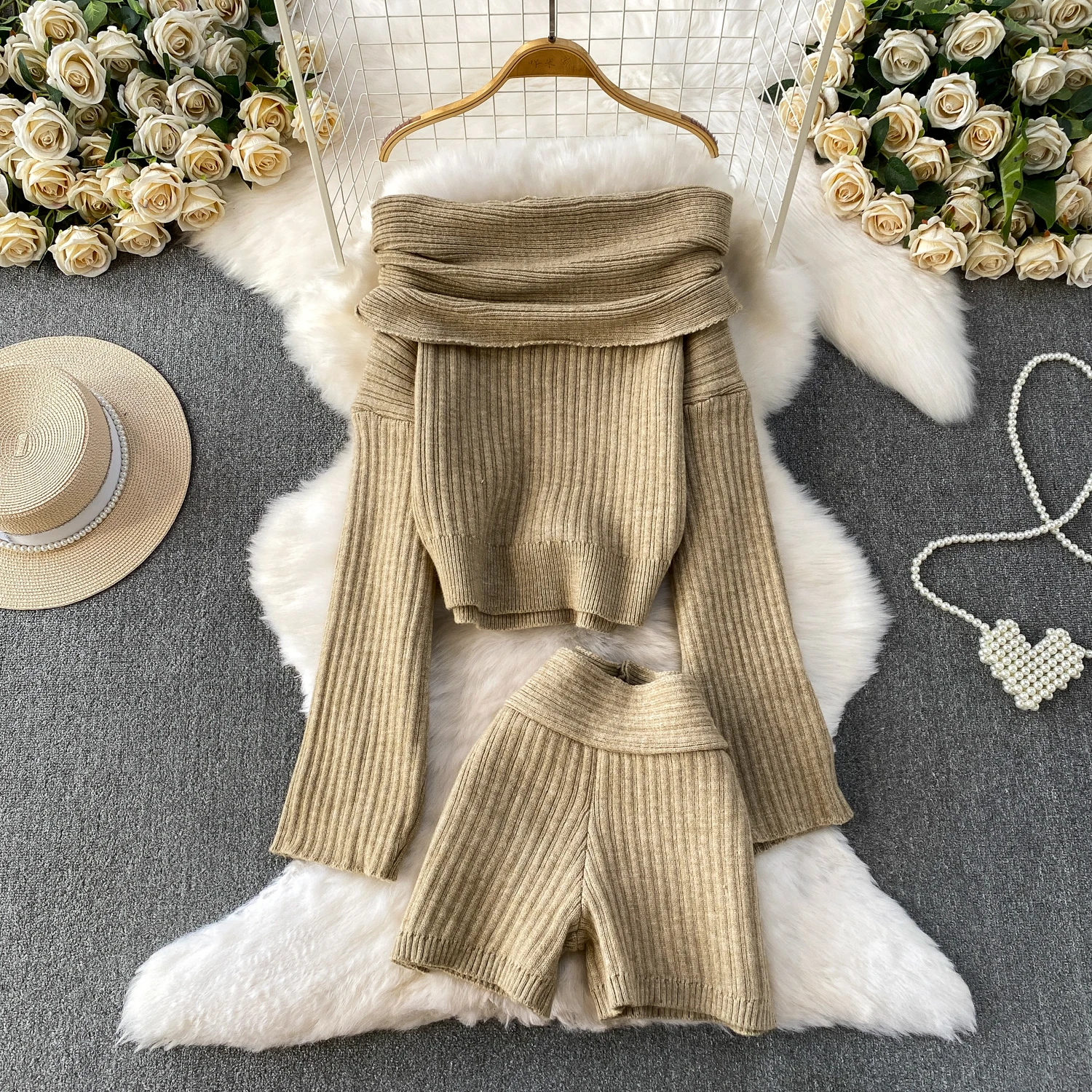 

Female Winter Knit Sweater Shorts Sets 2pcs Lady Korea Fashion Trendy Suit Design Festival Holiday Party Birthday Night Club Set