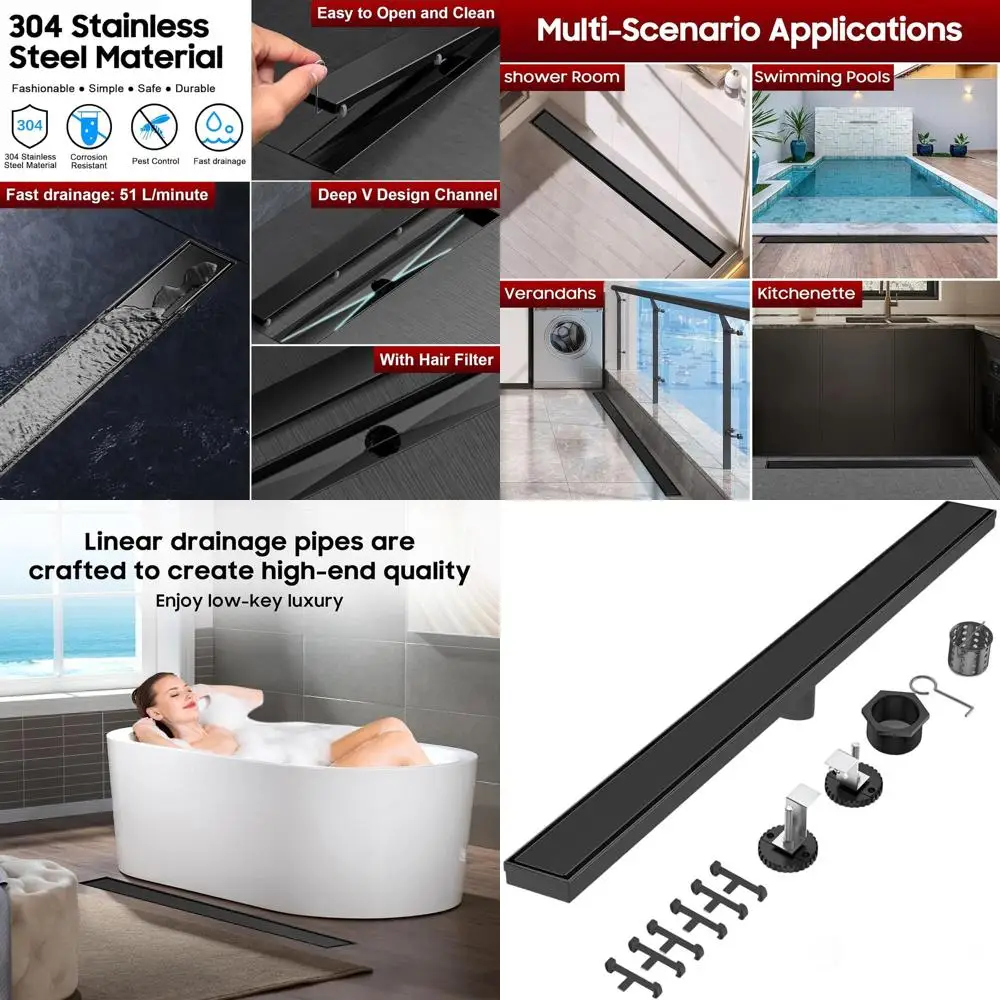

Matte Black 60 AISI 304 Stainless Steel Linear Shower Drain with Tile Insert and Adjustable Feet for Bathroom and Balcony