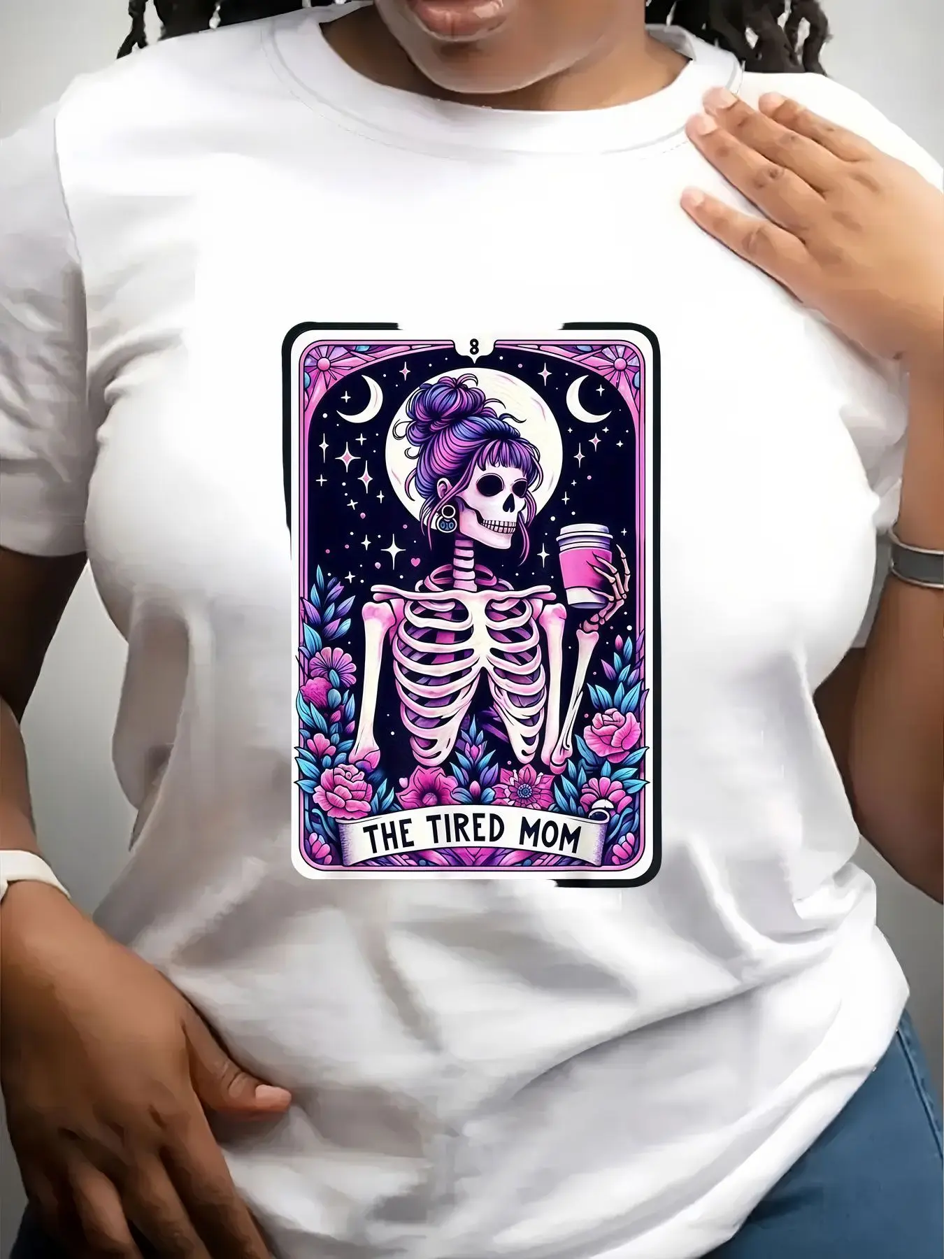 Women's Trendy Crew Neck T-Shirt Skeleton Holding Coffee Cup Design Suitable for Casual Sportswear