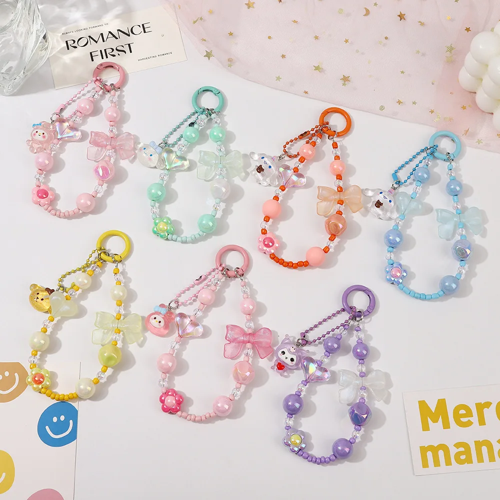 

New Sanrio Kuromi Melody Hello Kitty Cinnamorol Bead String Phone Chain Luminous Bow Bead String Keychain Bag Decoration