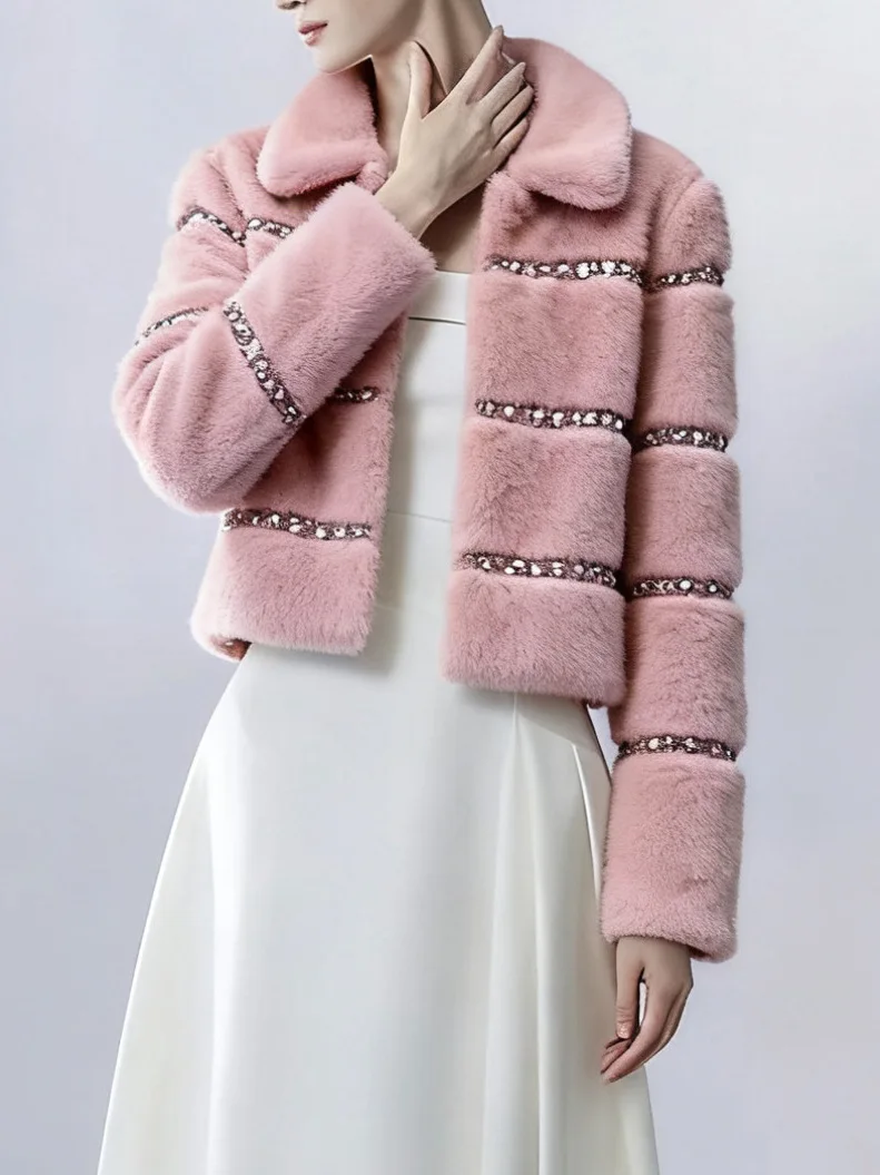 Jesień Zima Nowa Gruba, Ozdobiona Koralikami, Ekologiczna, Futrzana Kurtka Damska Luksusowa Lekka Futrzana Odzież Wierzchnia Bez Marki