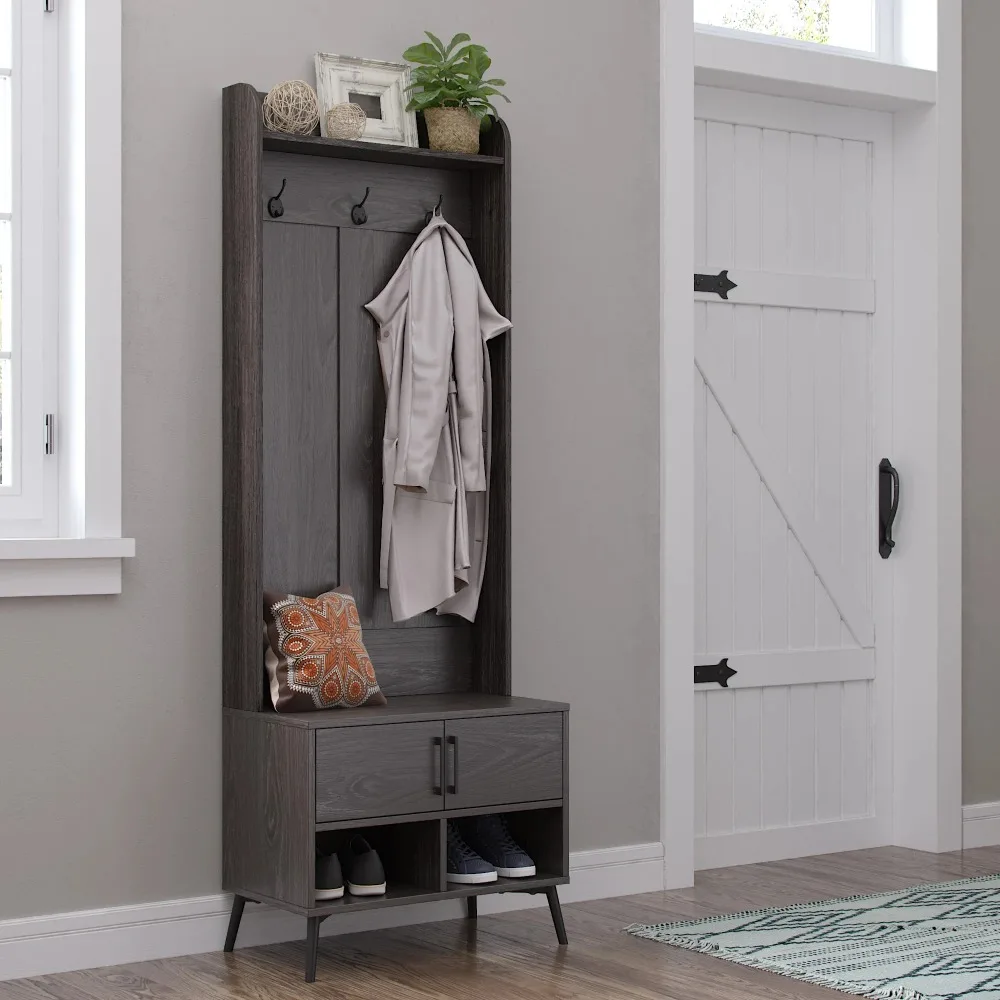 

Hall Tree with Entryway Bench, Shoe Storage, Coat Hooks & Cubby Storage - Weathered Woodgrain