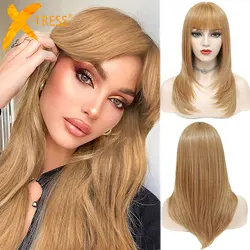 Strawberry Blonde Brown Wig With Bangs Cosplay Synthetic Hair Wigs X-TRESS Medium Length 20inch Straight Wig Hairpiece For Women