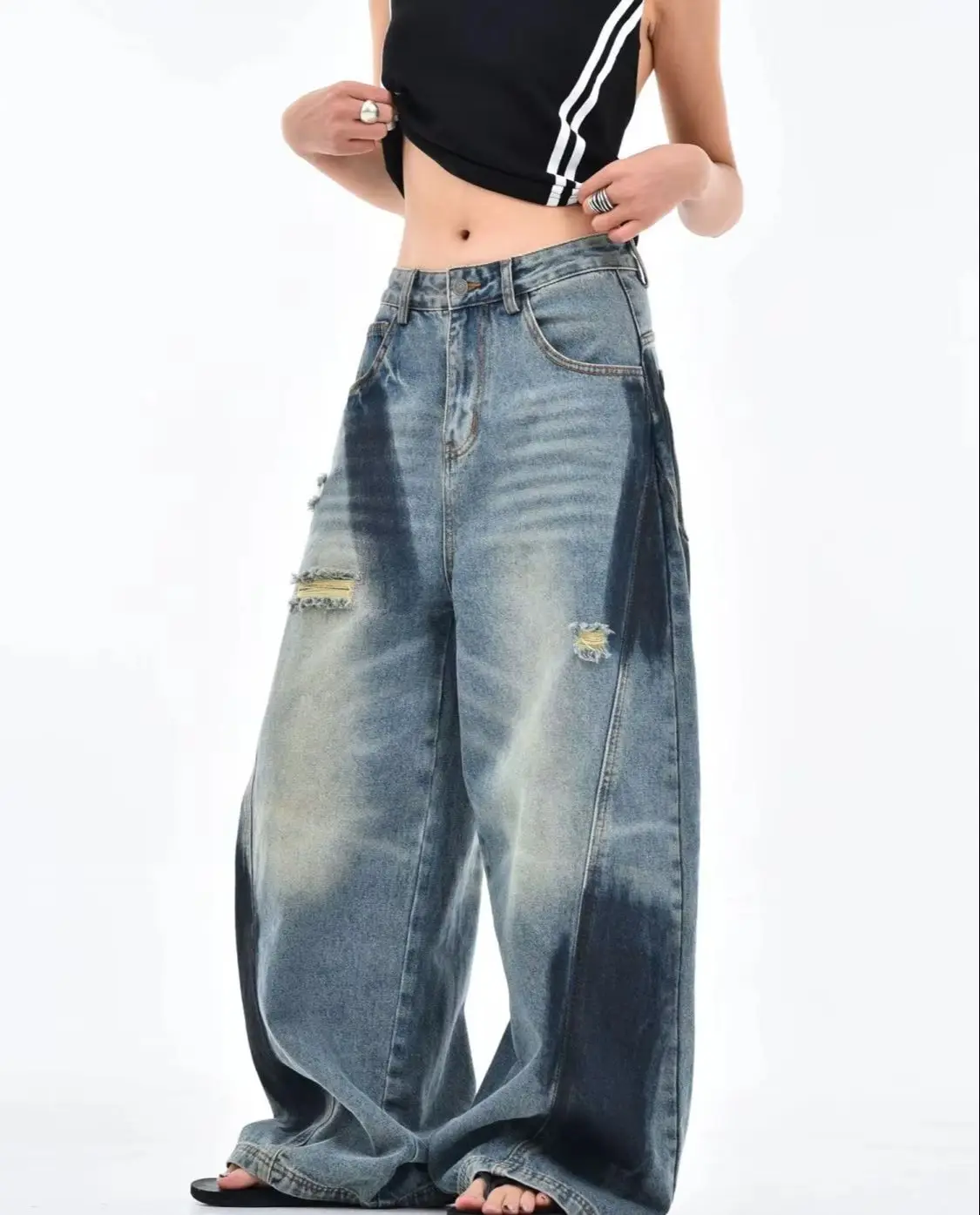 

American Style Curved Knife Splashed Ink Ripped Jeans For Women, New Retro Loose Straight Leg Wide Leg Pants