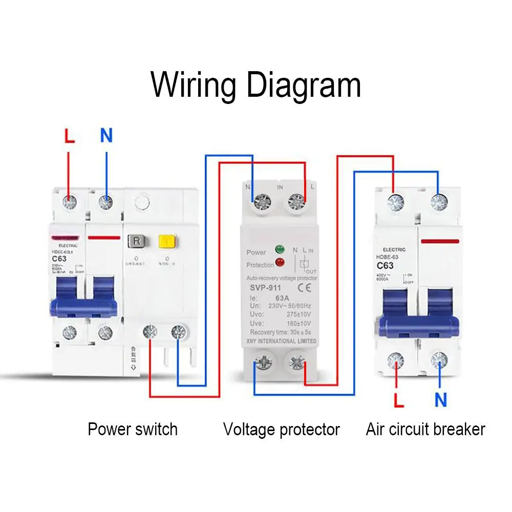 Over Under Voltage Relay AC230V 63A Mini Din Rail Automatic Recovery Reconnect Protective Breaker Voltage Protector Device