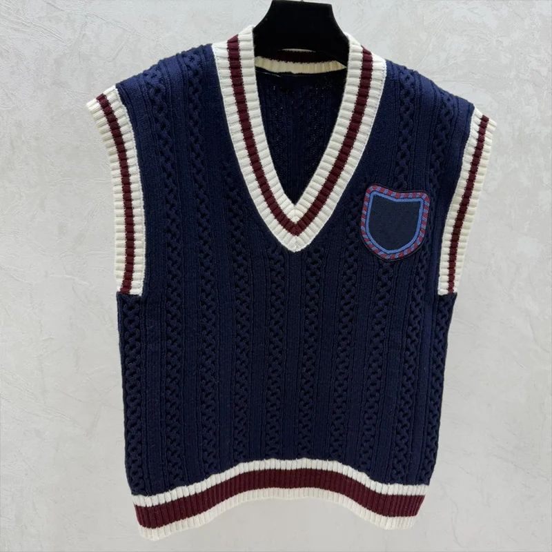 

High quality Knitwear women's vest with an academic style and color-blocked sweater tank woman clothing 25120648