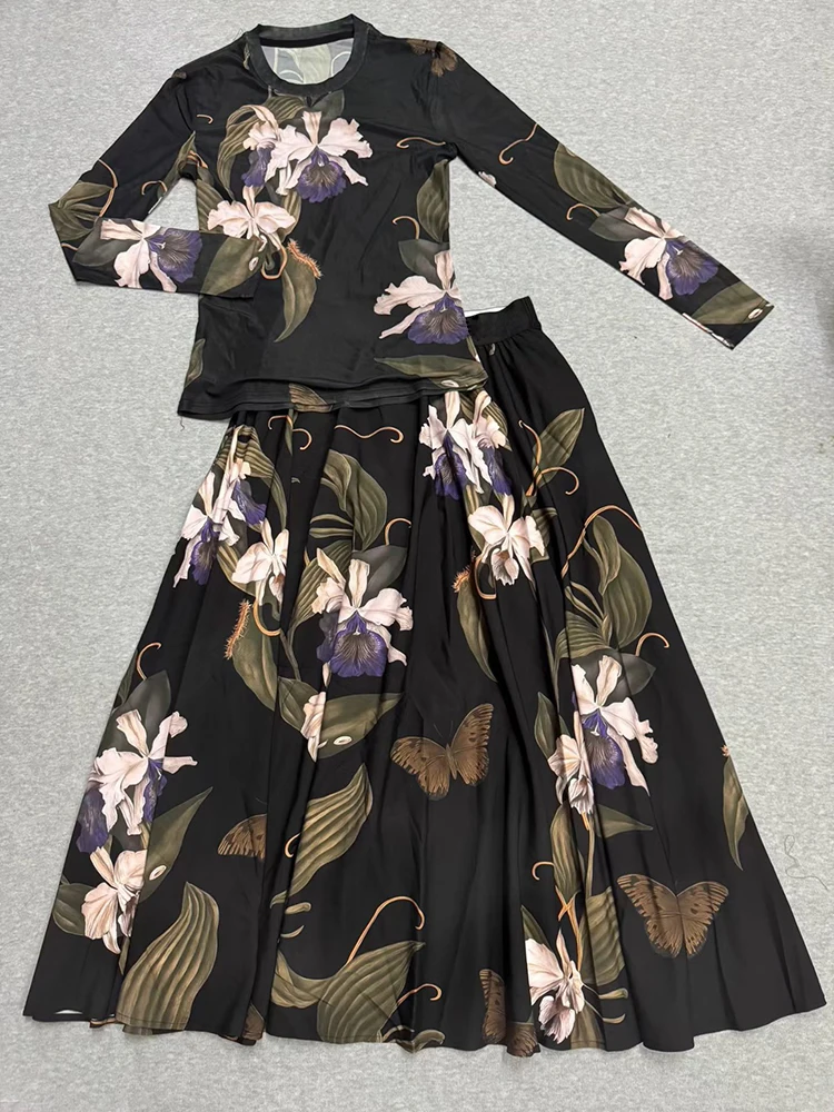 Retro printed knitted gauze T-inch two-piece spring women's dress+color matching elastic waist loose skirt fashion suit