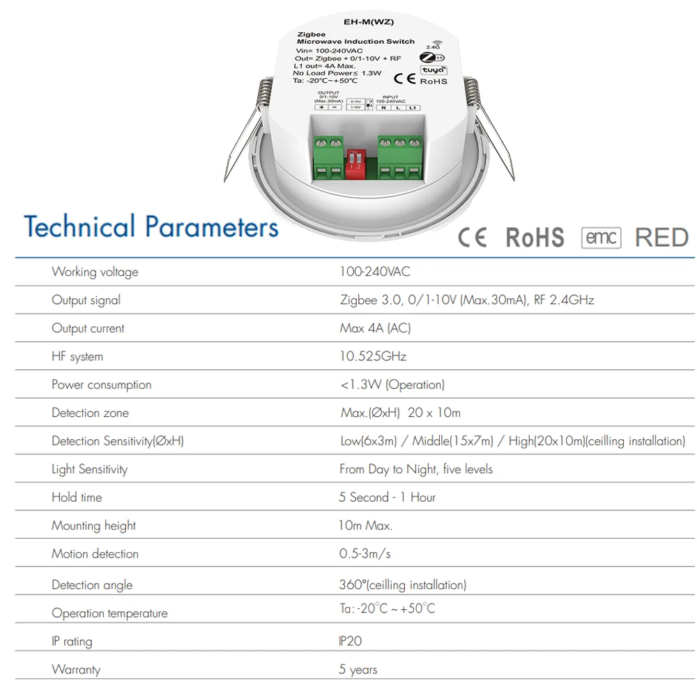 Zigbee Interruptor De Indução De Microondas, Instalação De Teto, Dimmer, 2.4G RF Controle Remoto, Tuya Controle Inteligente, Saída 0/1-10V Sinal