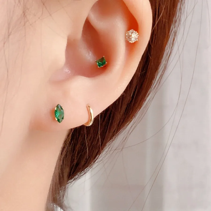925 Sterling Silver Small Rice Grain Geometric Stud Earrings for Women Emerald Green Oval Korean Earring Wedding Luxury Jewelry