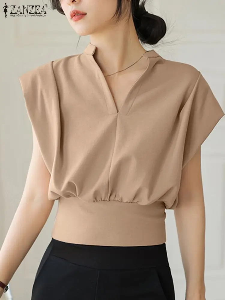 ZANZEA Elegant Women Shirt 2024 Fashion Casual Slim Tops Office Lady Blusas Chemise Summer V Neck Short Sleeve OL Work Blouse