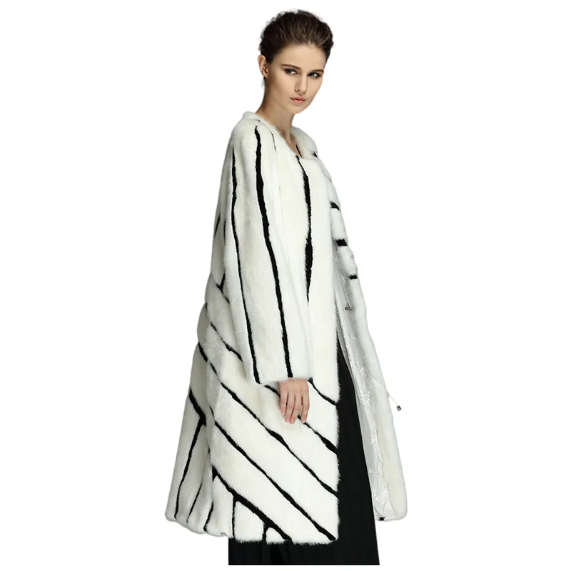 

HQ Woman's long mink fur coat quality natural real mink black and white stripes simple fashion warm large size custom wholesale