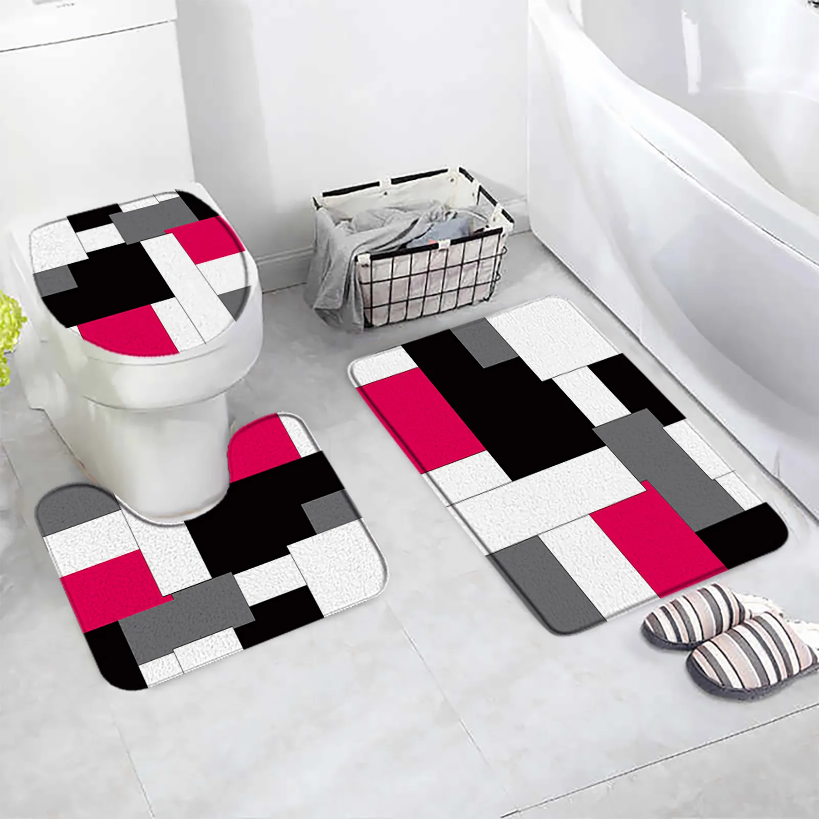 Creative Geometric Bath Mats Set Black Gray White Orange Splicing Pattern Home Bathroom Carpet Door Rug Anti-Slip Toilet Lid Mat