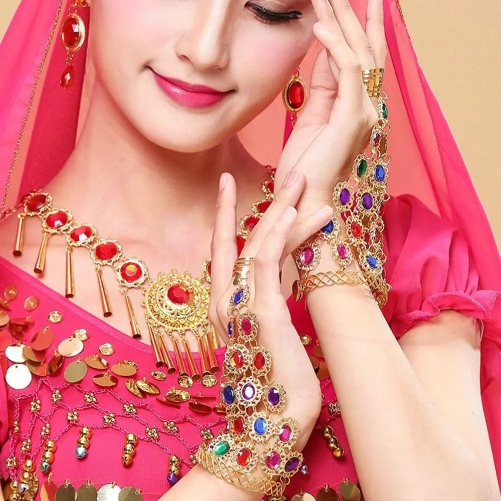Shining Ring Indian Dance Performance Jewelry Rhinestone Finger Bracelet Diamond Bracelet with Rings Hollow Alloy Show Out