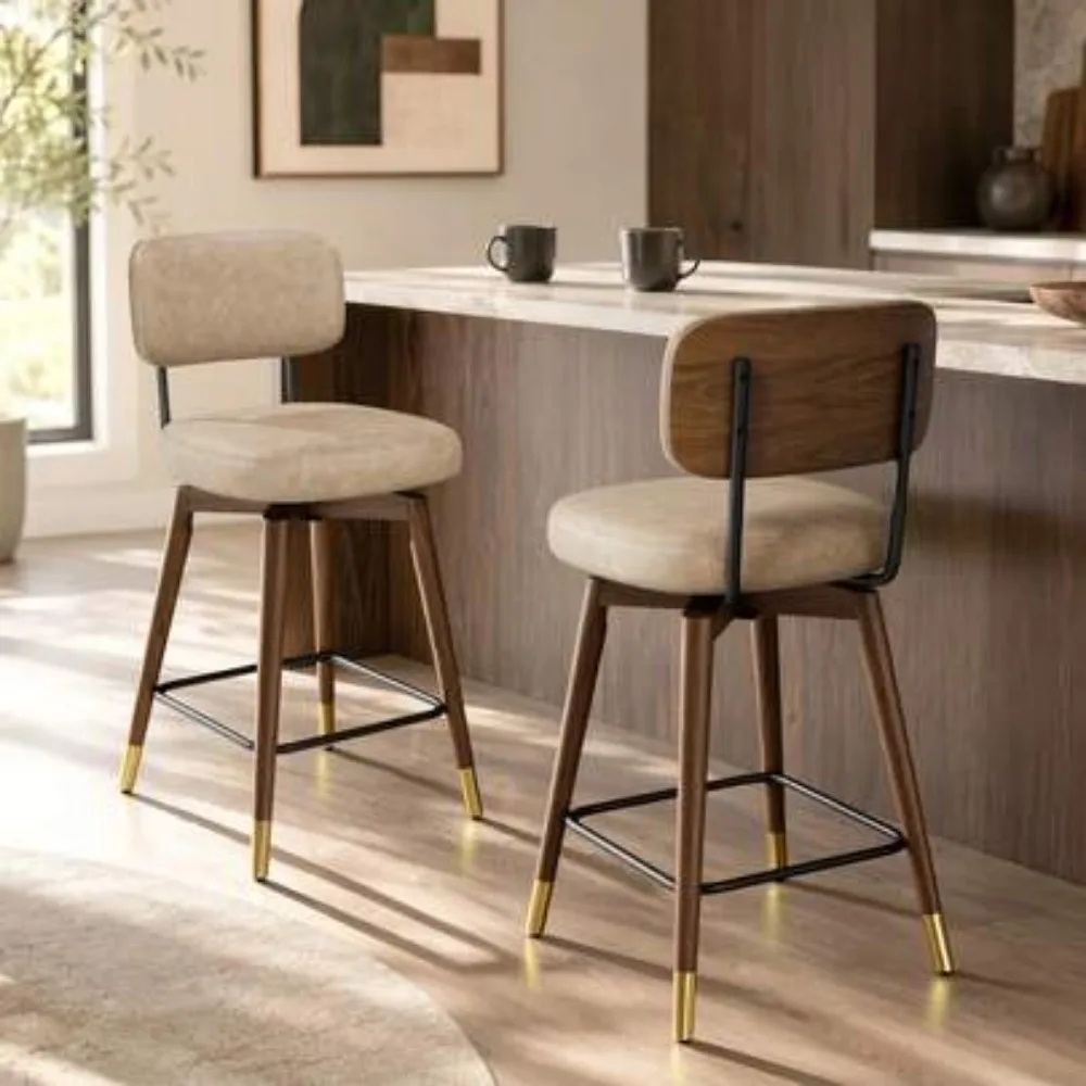 Swivel Counter Height Bar Stools 26 Inch Solid Wood with Back Footrest Faux Leather Mid Century Modern Kitchen Island