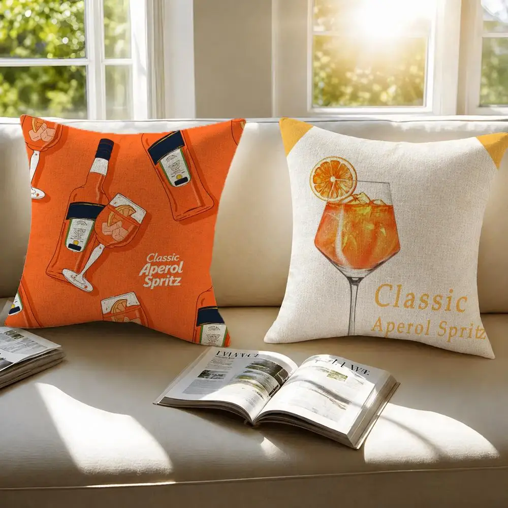 Classic Aperol Spritz Cushion Cover Natural Linen Pillowcase Set, All-in-One Decor for Sofa, Bedroom & Chair