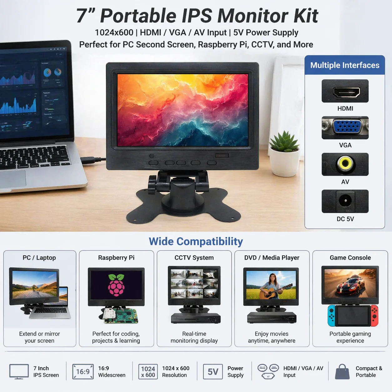 

7-дюймовый портативный монитор с HD LCD-экраном, совместимый с VGA/AV/HDMI, для Raspberry Pi 5/4, Windows PC, игровой дисплей с держателем-корпусом