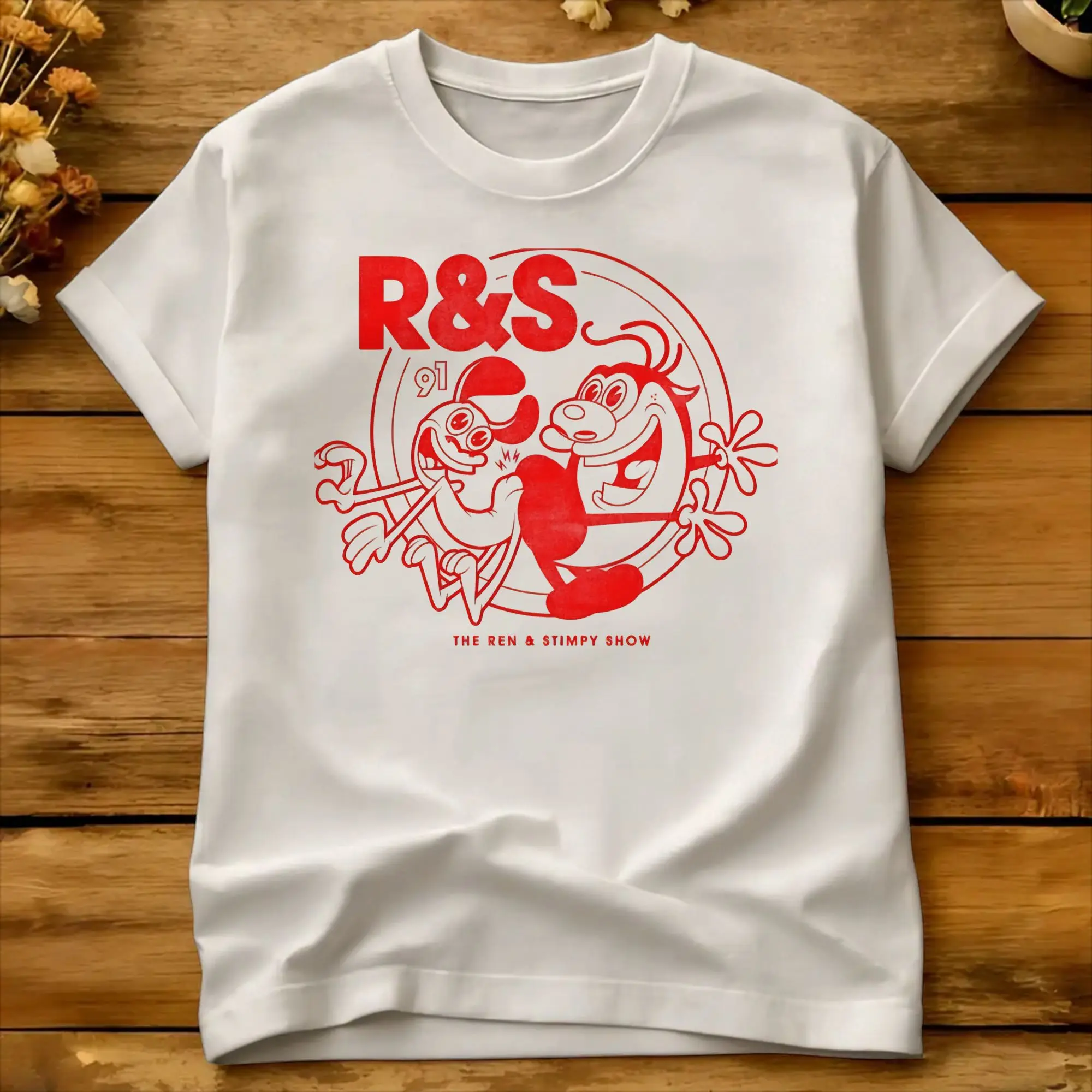 Men's Red Retro Poster   T-Shirts Ren And Stimpy  100 Cotton Top Tees Summer Y2K Funny Short Sleeves T Shirt O Neck Tee Shirt