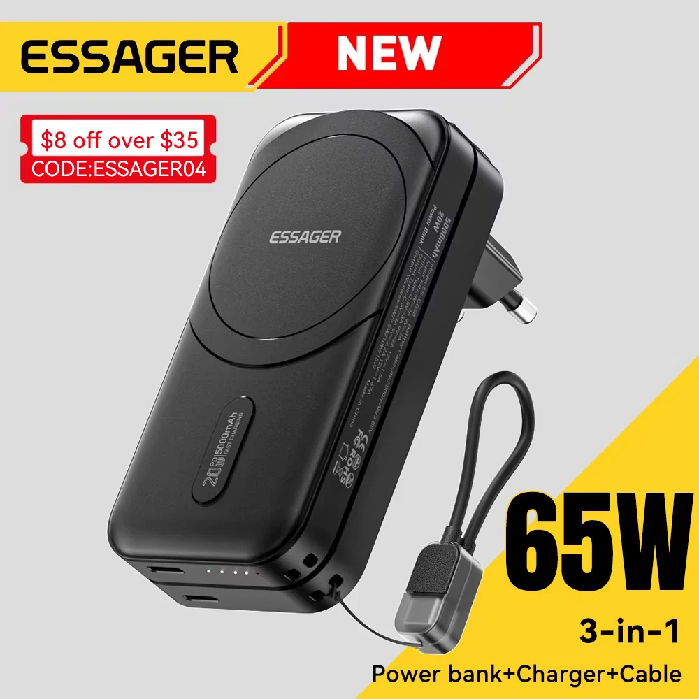 

【NEW】ESSAGER 3-in-1 Magnetic 65W GaN Charger Wireless 5000mAh Power Bank With Cable For iPhone17 16 15 Samsung MacBook Travel