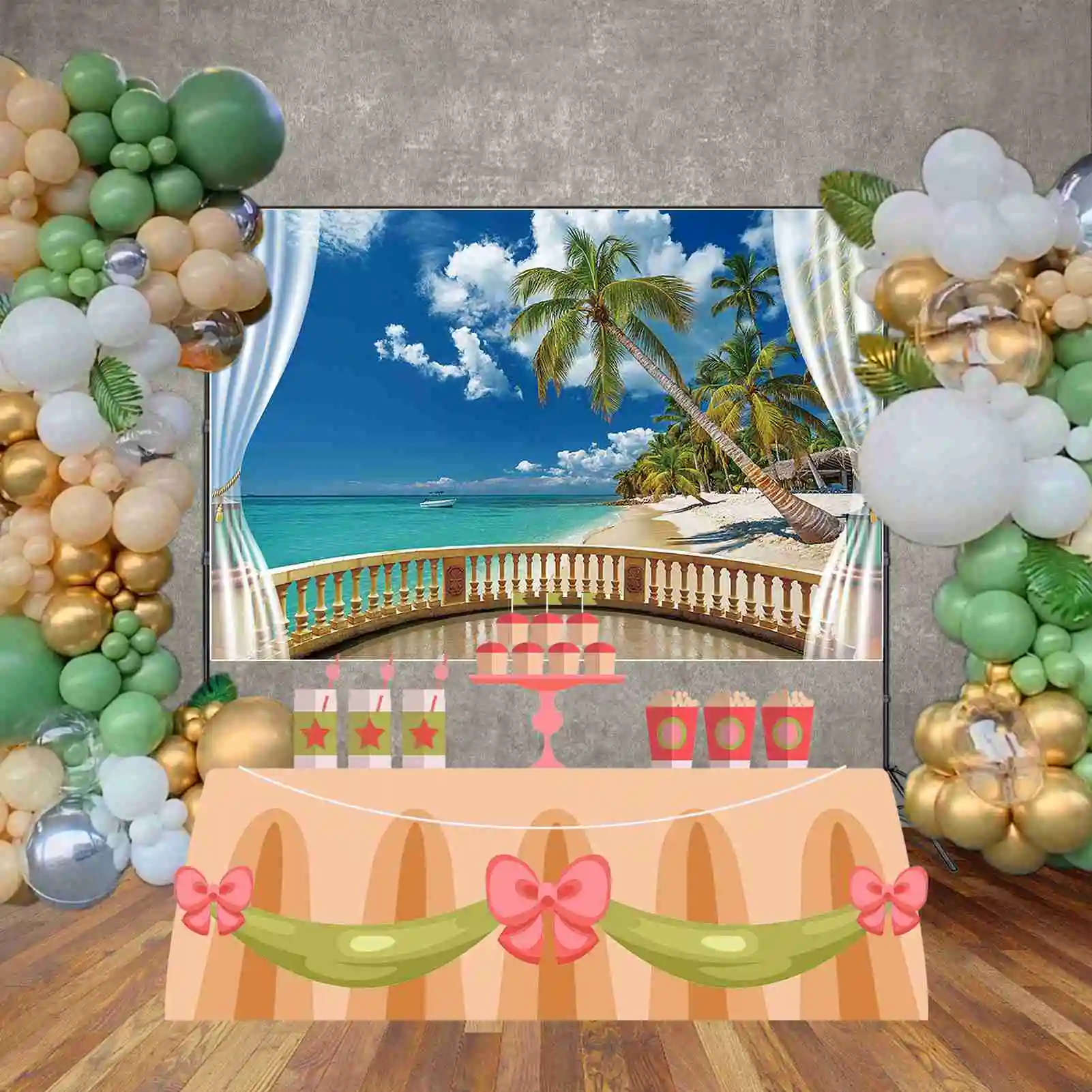 Moon.qg ต้นปาล์มเขตร้อนใบผู้ใหญ่พื้นหลังวันเกิดของผู้ชายเรือคลื่นฉากหลังของภาพสำหรับปาร์ตี้ที่กำหนดเอง