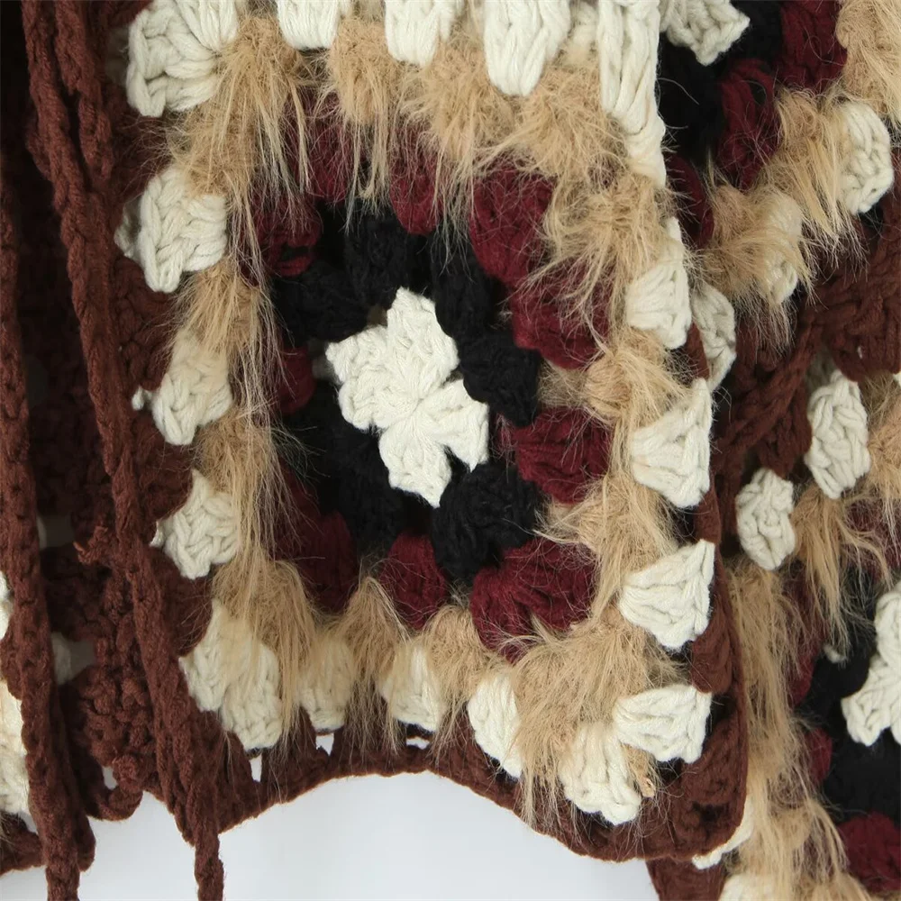 سترة صوفية شبكية مصنوعة يدويًا على الطراز العرقي مع جزء علوي متماسك برباط، سترة فضفاضة بنمط غريب