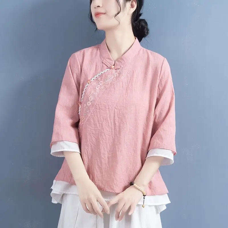 2023 chinese improved qipao blouse national flower embroidery cotton linen blouse retro double layers tea service hanfu blouse