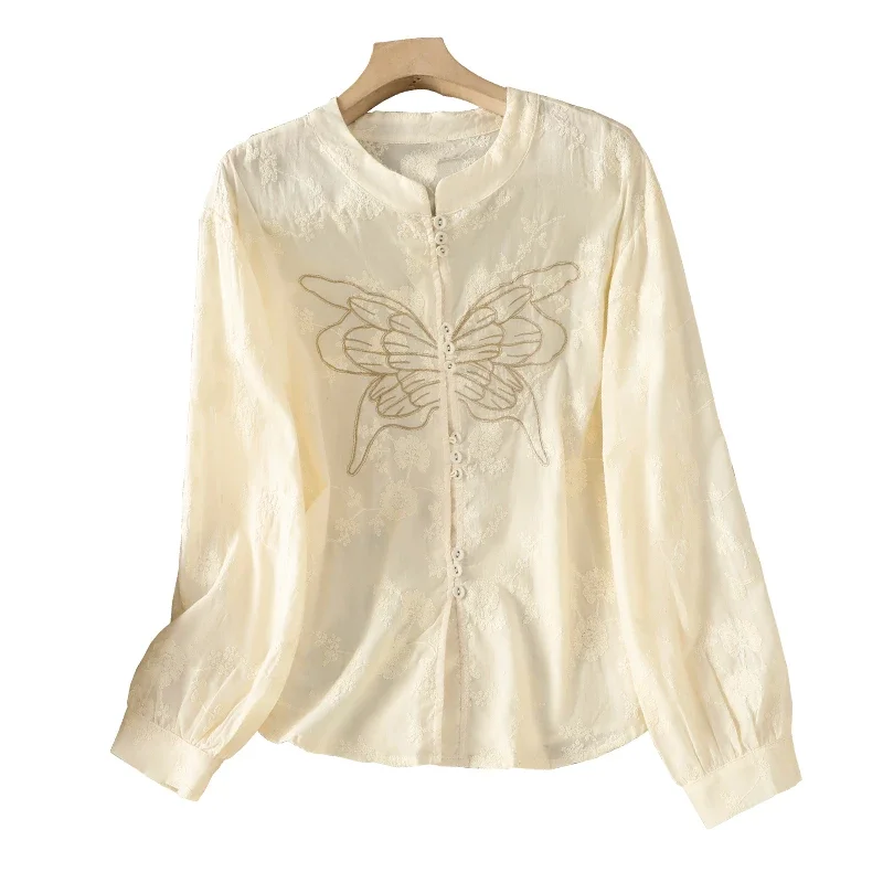 

Women Chinese Style Butterfly Embroidered Long Sleeve Blouse Casual Loose Jacquard Shirt