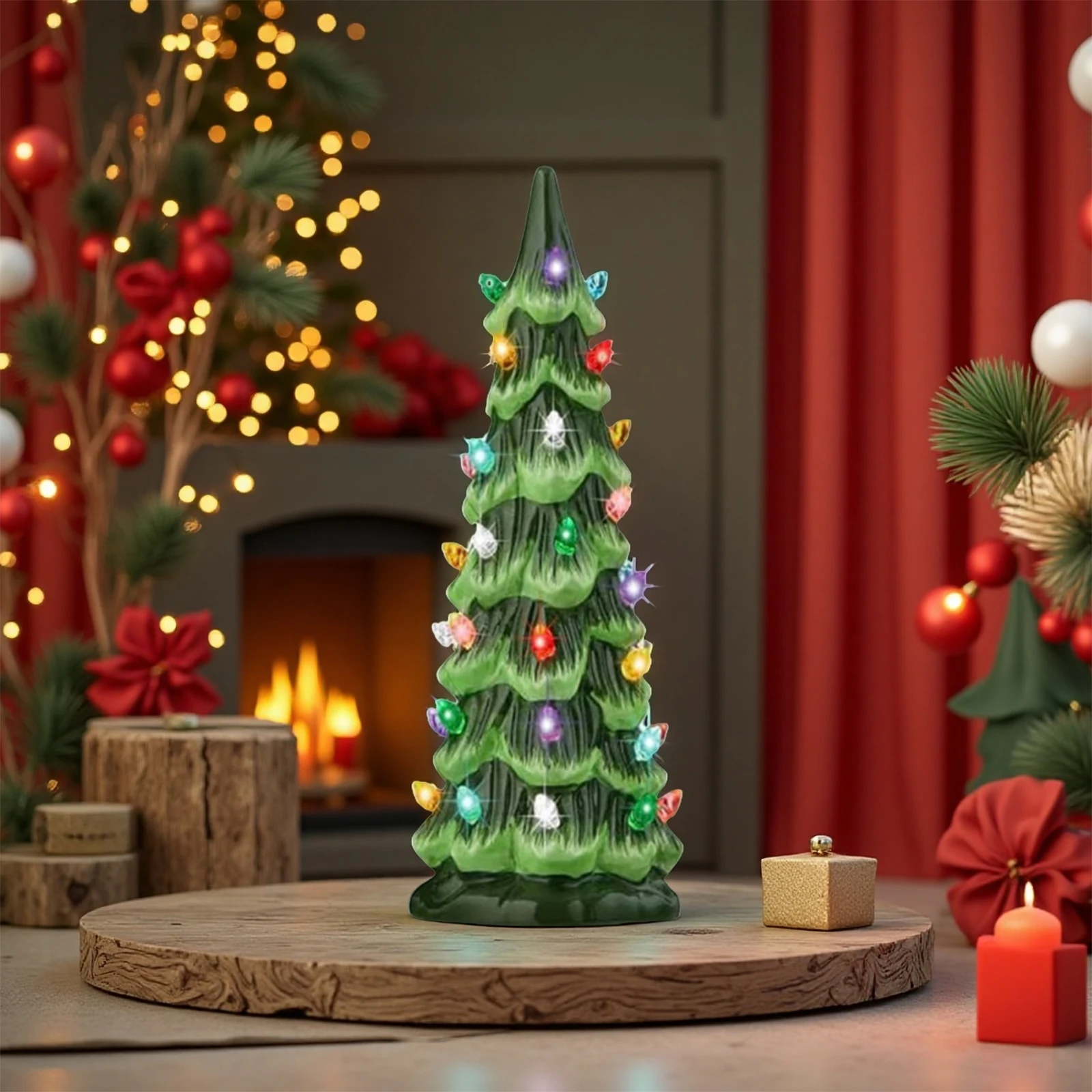أشجار عيد الميلاد الرجعية المرسومة يدويًا على سطح الطاولة مع أضواء LED زينة شجرة عيد الميلاد الصغيرة من الراتنج لتزيين سطح المكتب والمكتب المنزلي