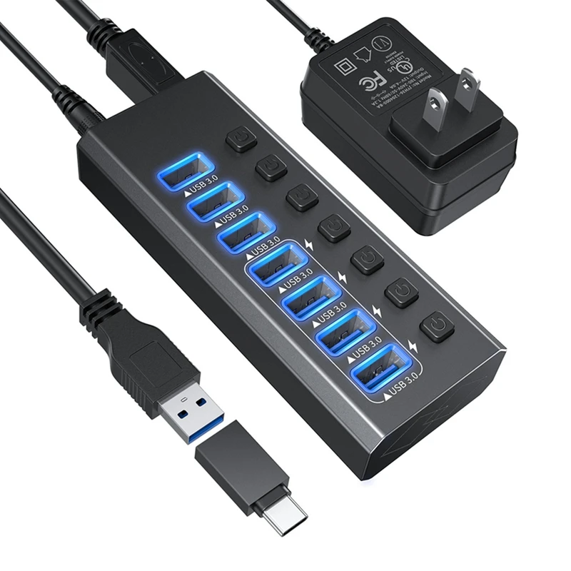 Powered USB 3.0 Hub 7 Port USB Hub USB Extension Data Splitter & Power Hub Fit For Laptop And Printer US Plug