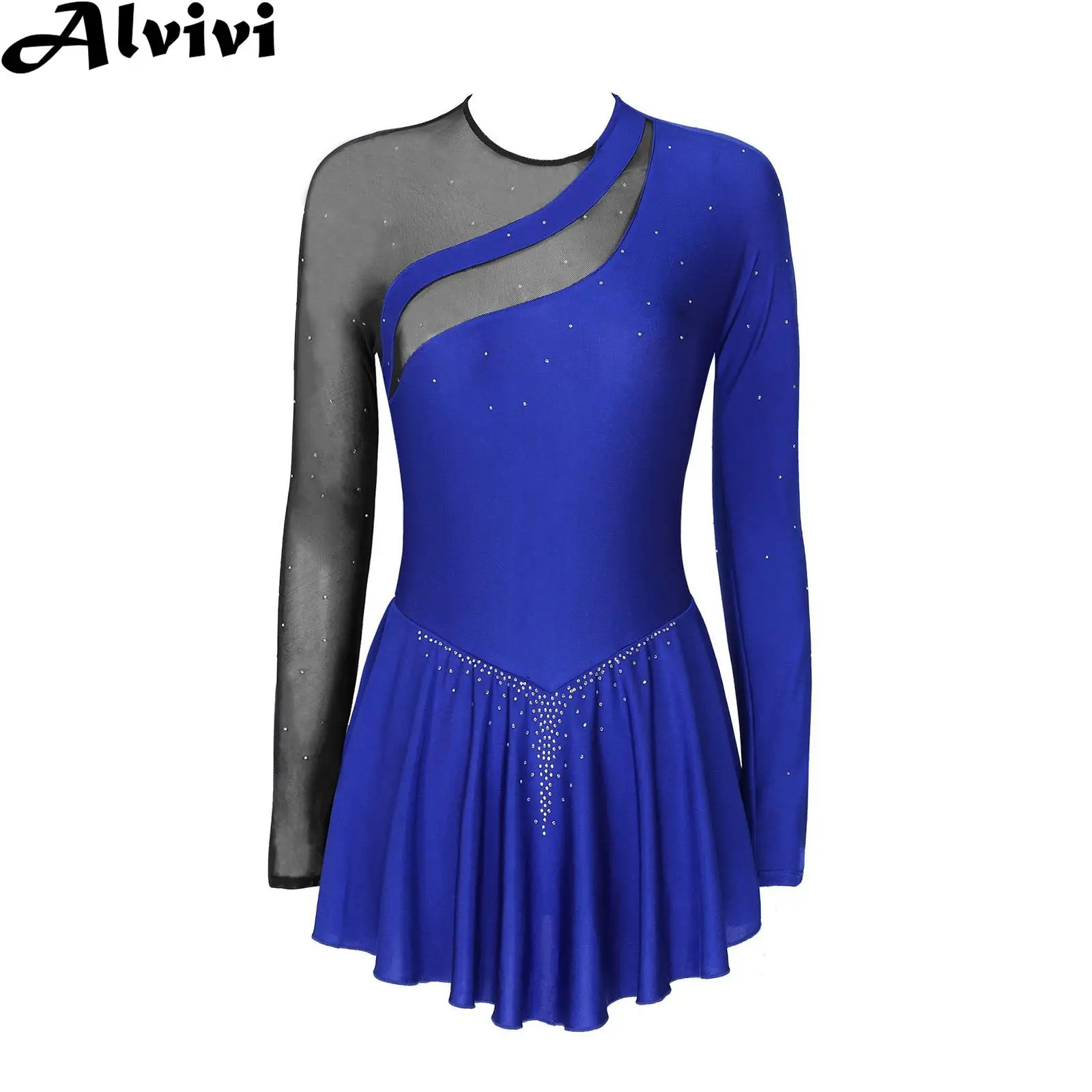 Women Long Sleeve Figure Ice Skating Sparkling Rhinestone Sheer Mesh Patchwork Roller Skating Ballet Performance Leotard Dresses