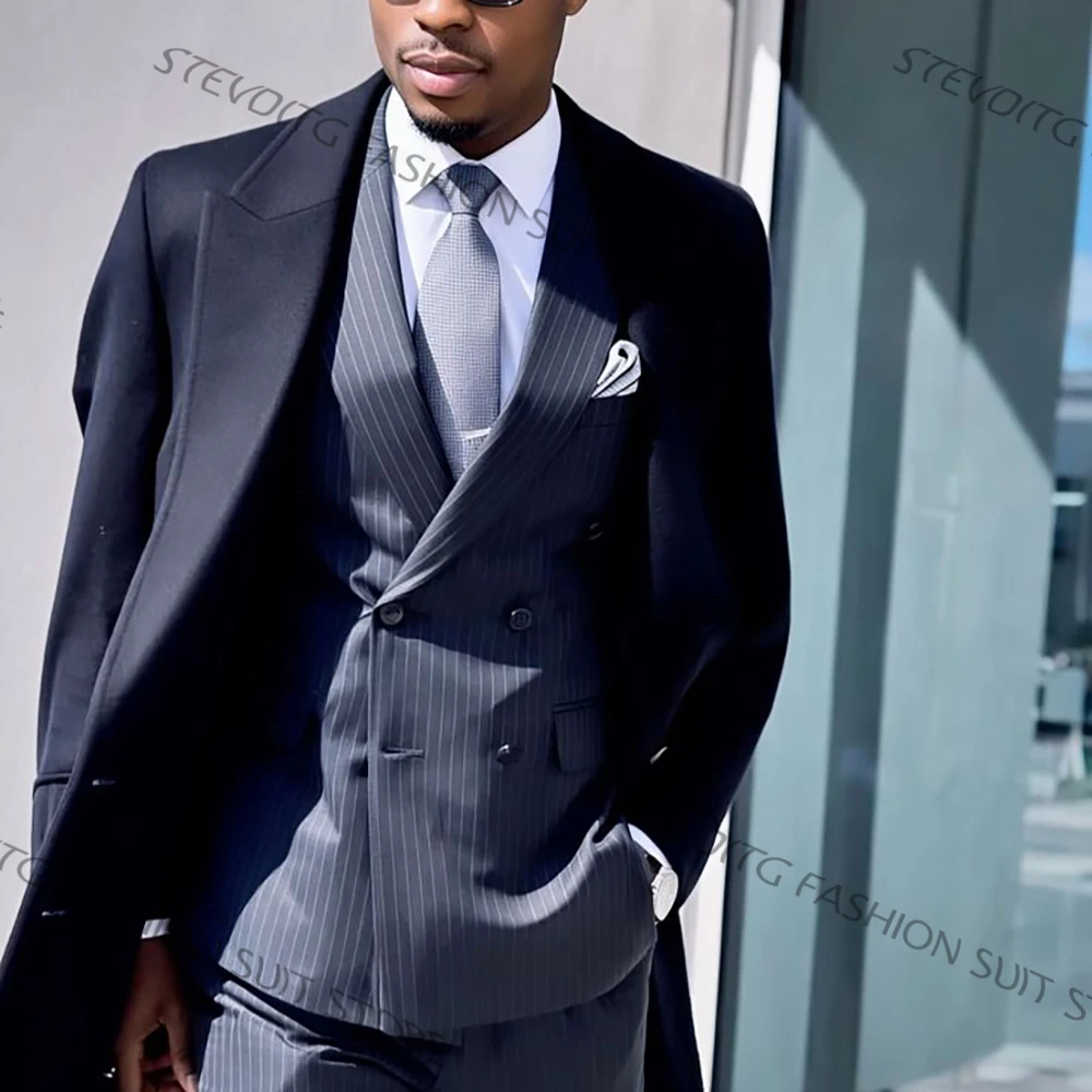 Navy Blue Men's Clothing Single Breasted Long Overcoat Pinstripe Jacket+Pants Set 3 Pieces Suit Formal Winter Wedding Outfit