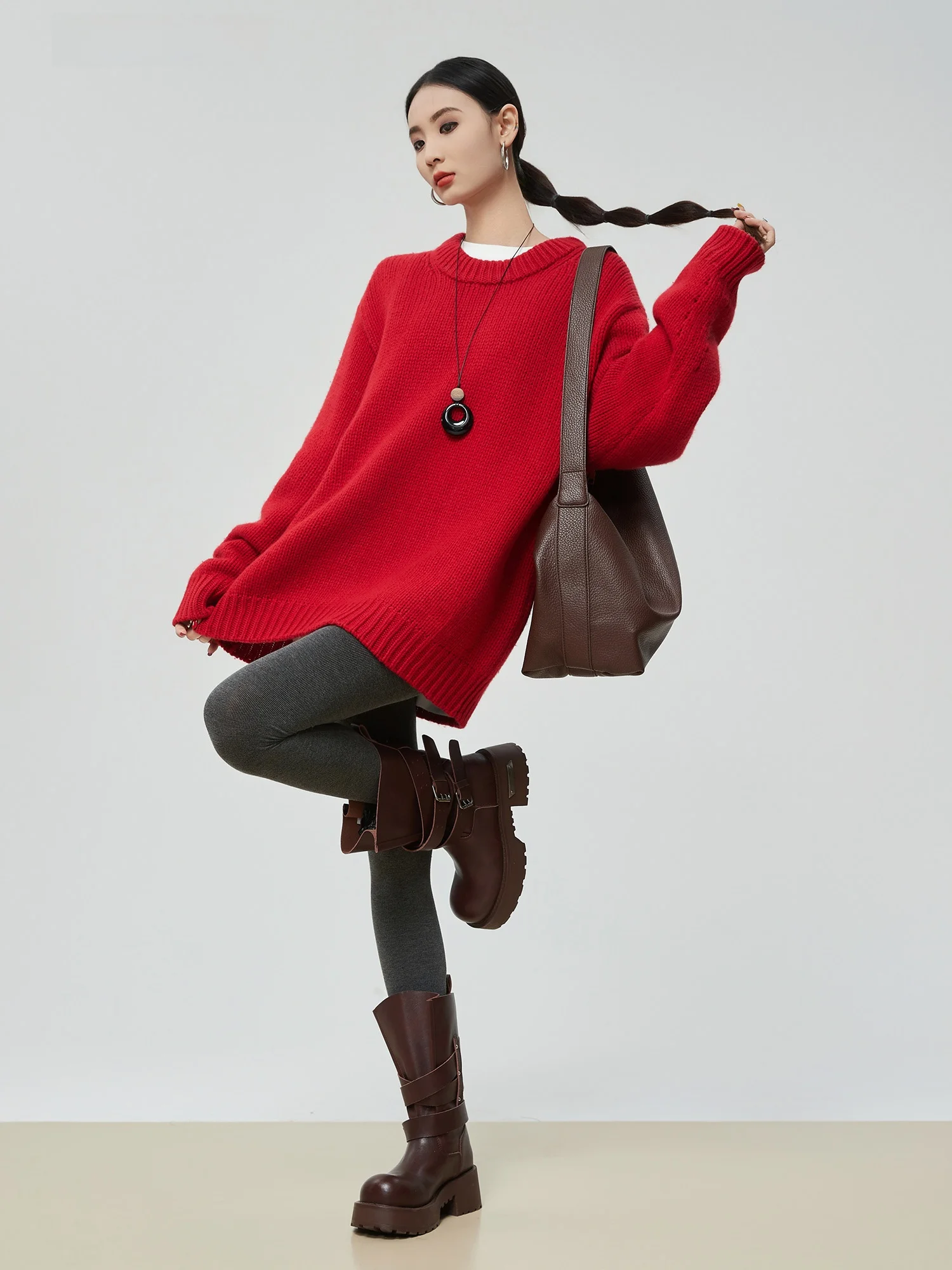 

Красный утепленный вязаный свитер с длинными рукавами и круглым вырезом, женский, свободного кроя, осенне-зимний, новый, теплый, из полиэфирного волокна