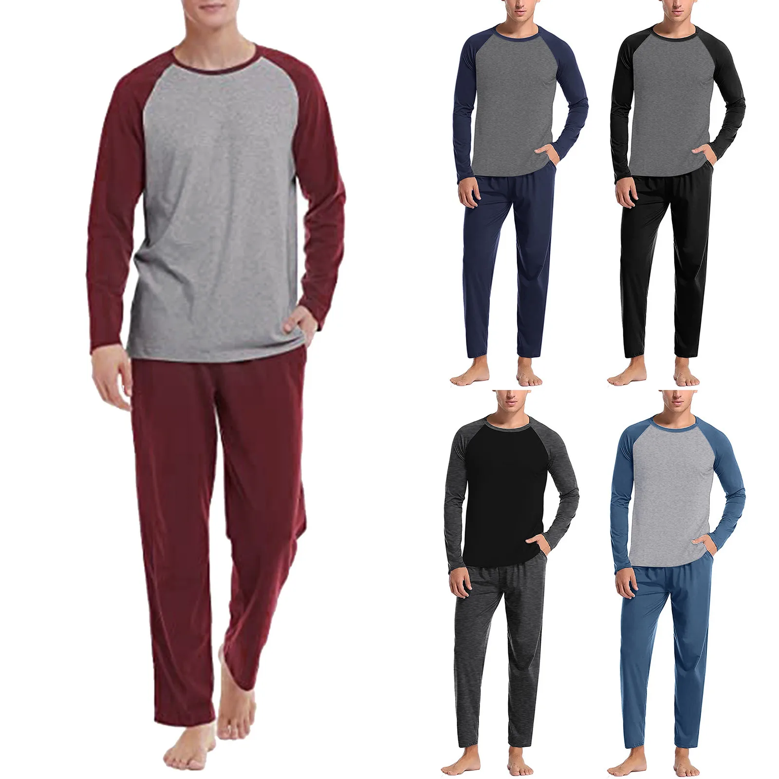 Mens Four Seasons Soft Home Solid Color Shirt Pants Pajama Set Home Service Two Piece Set pyjama pijama nightwear sleeping