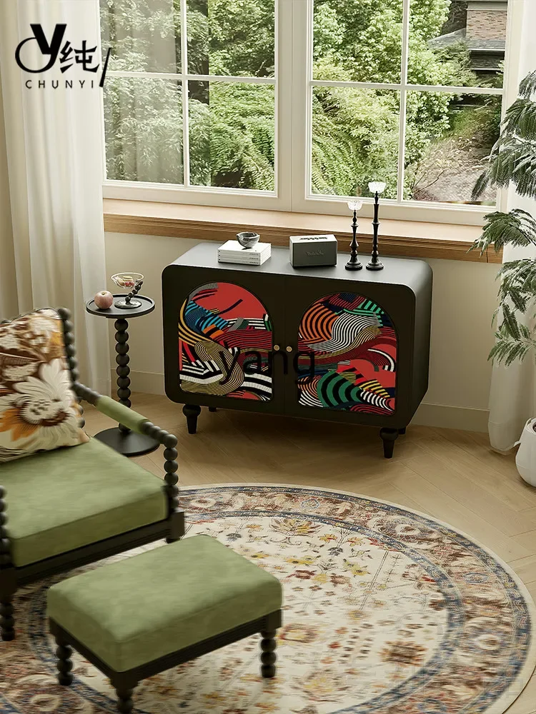 LH Abstract Retro Entrance Cabinet Living Room Solid Wood Painted Locker Bedroom Double Door Decorative Standing Cabinet