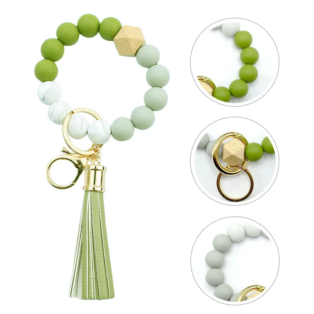 Wooden Silicone Beaded Key Chain Bracelet Wristlet Tassel Decor for Keys Purse Bag Real Agent Gift First Home Welcome