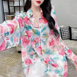 Office Lady Vintage Floral Printed Shirt Fashion Pockets Spliced Spring Summer Contrasting Colors Women's Single-breasted Blouse