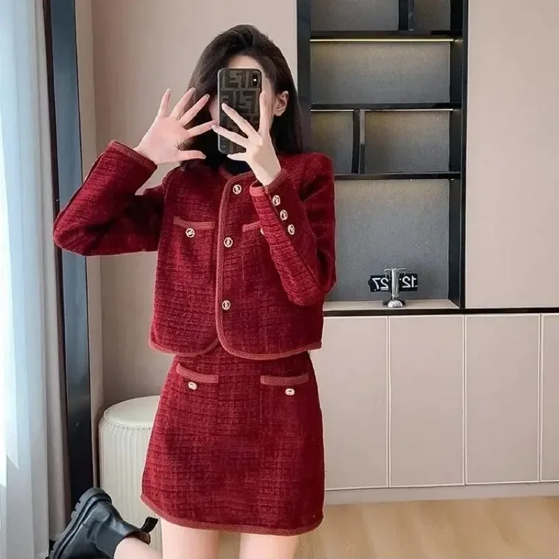 Insozkdg Women Autumn Thickened Padded Small Fragrance Tweed Blazer Skirt Sets Retro Elegancki płaszcz z okrągłym dekoltem + spódnica 2-częściowy