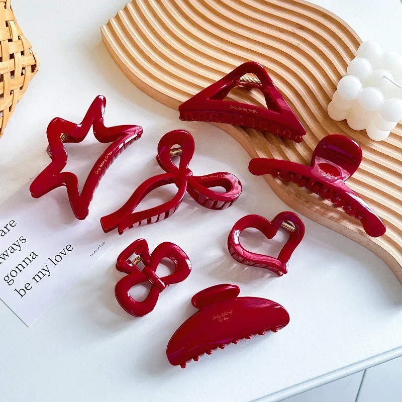 French Red Collection! Large Grip Gold Letters Label Hair Claw Woman Elegant Hairpins Shark Clip Crab Barrettes Hair Accessories