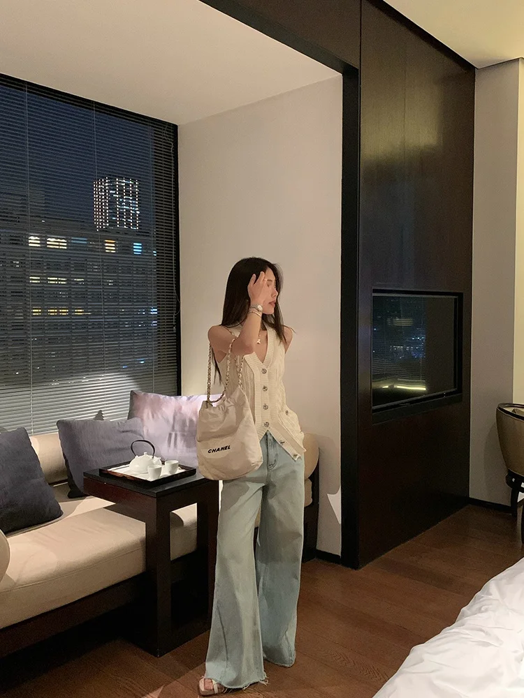 

Bla Bean Humming Wide Leg Jeans Women's Spring Light Blue Floor-Length Pants Long Leg Effect Frayed Design Casual Cotton