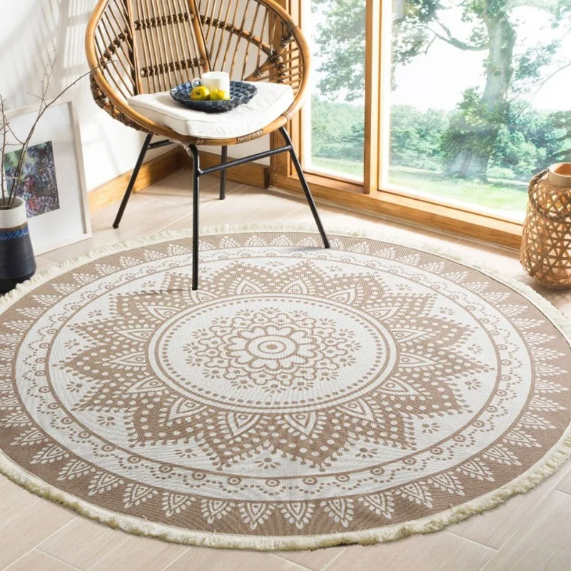 Circular household printed carpet, cotton thread woven living room breathable floor mat, simple lace decoration, homestay bedsid