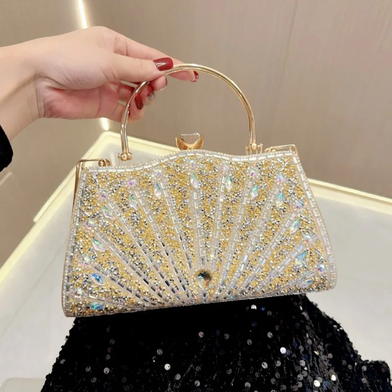 Blingbling Crystal Beading Handbags for Woman Sparkly Golden Rhinestone Hard Box Evening Bags Elegant Gala Night Party Bag