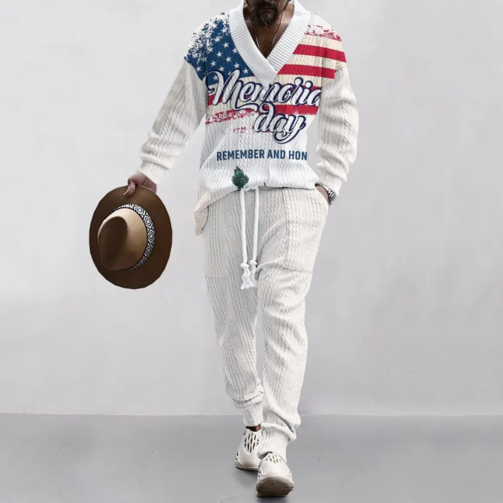 American Flag Goddess technology print conventional jacquard loose European V-neck men's casual long sleeve pants suit