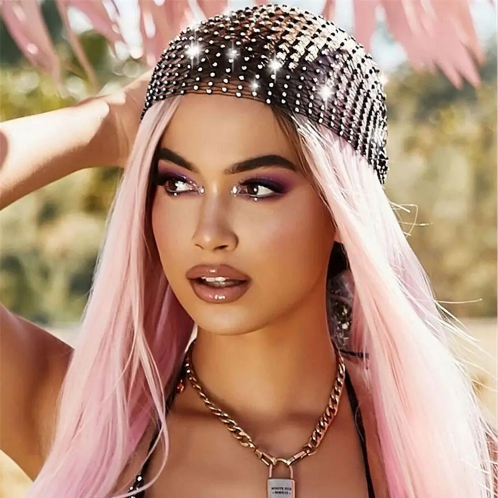 

Headwear Bohemian Headwrap Summer Hollowed Out Hair Nets Bling Turban Women Hair Scarf Rhinestone Headband Mesh Head Scarf Cap