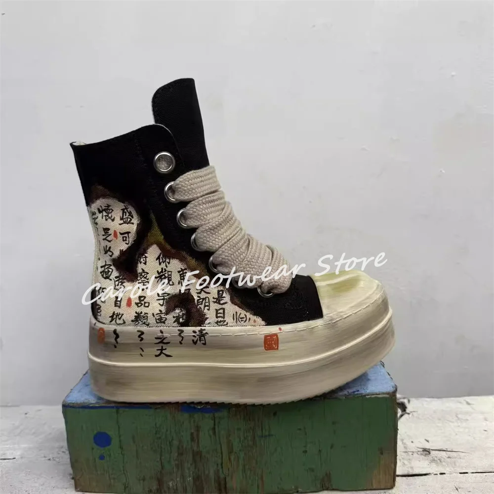 

Chinese Calligraphy Prints Women Sneakers Handmade Graffiti Mixed Color Chunky Bottom Sport Boots Ladies High Top Short Boots