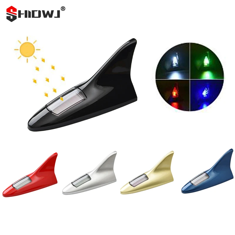 Universal LED Light Car Shark Fin Antenna With Solar Energy Auto Radio Signal Aerials Roof Antennas Driving Safety Warning Light