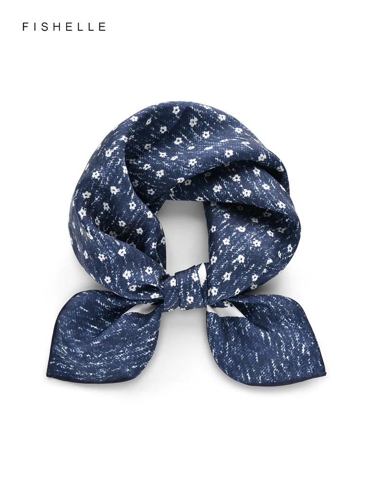 

New navy blue small floral natural silk twill square scarf women's spring autumn real silk scarves men's hijab gifts for adults